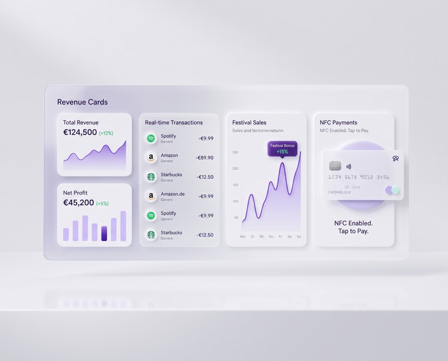 Händler-Dashboard mit Umsatzkarten als 3D-Rendering